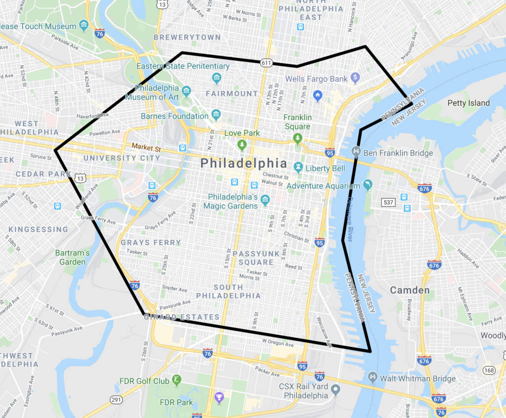 A map of philadelphia with the location marked in black.