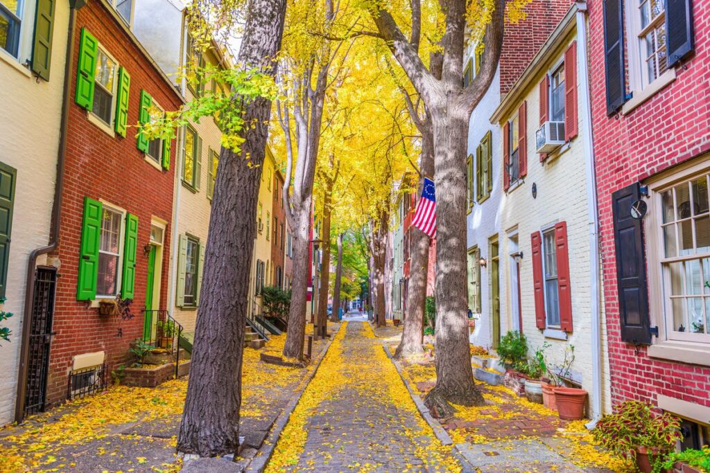 A street with many trees and buildings on the sides