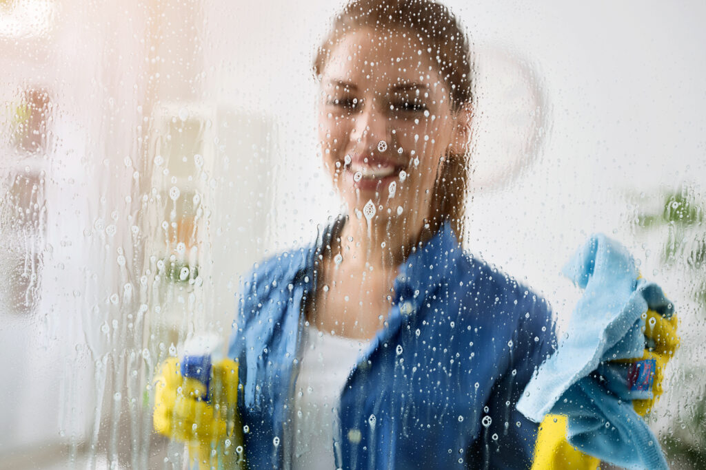 A woman holding a spray bottle and cleaning the window.