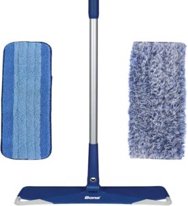 A blue mop and two other items are on the floor.