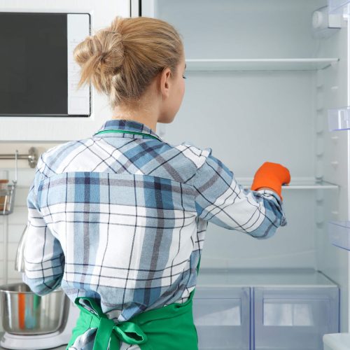 Woman-Gloves-Cleaning-Refrigerator Woman-Gloves-Cleaning-Refrigerator